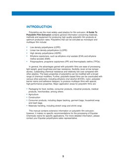 5
INTR
INTR
INTR
INTR
INTRODUCTION
ODUCTION
ODUCTION
ODUCTION
ODUCTION
Polyolefins are the most widely used plastics for film