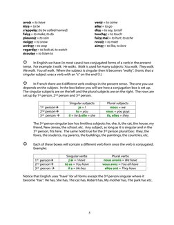 5
avoir = to have 
être = to be 
s’appeler (to be called/named) 
faire = to make, to do 
pleuvoir = to rain 
 
neiger = to