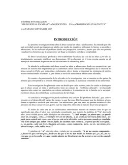 INFORME INVESTIGACION 
“ABUSO SEXUAL EN NIÑAS Y ADOLESCENTES:    UNA APROXIMACIÓN CUALITATIVA”
VALPARAISO SEPTIEMBRE 1997
INT