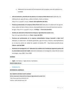 5 | P á g i n a  
 
 
Elaboración de manuales de funcionamiento de los equipos como de la planta en su 
totalidad. 
 
- 
Jef