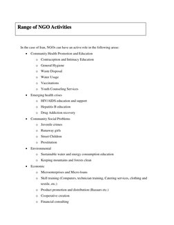 In the case of Iran, NGOs can have an active role in the following areas:
Community Health Promotion and Education
o
Contra