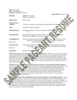 Name:  Sally Smith
Title:  Miss Middletown
Hometown: Wilmington, Delaware
Date of Birth:  March 13, 1990
Education:
Middletow