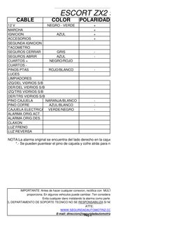 ESCORT ZX2 99
CABLE
COLOR
POLARIDAD
12 V
NEGRO - VERDE
+
MARCHA
+
IGNICION
AZUL
+
ACCESORIOS
+
SEGUNDA IGNICION
TACOMETRO
SEG