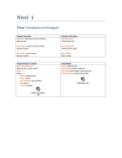 Nivel  1 
Clase 1-Saudações no Português 
 
Saludos formales 
Saludos informales 
Bom dia- hasta las 12 de la mañana  
Buenos