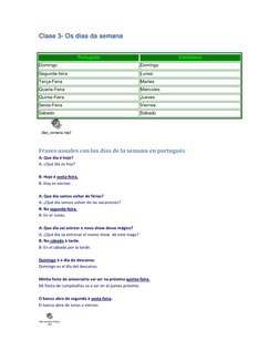 Clase 3- Os dias da semana 
 
Português  
Castellano  
Domingo  
Domingo  
Segunda-feira  
Lunes  
Terça-Feira  
Martes 
Quar