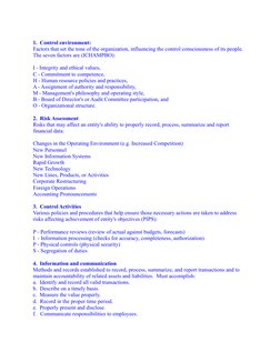 1.  Control environment:
Factors that set the tone of the organization, influencing the control consciousness of its people