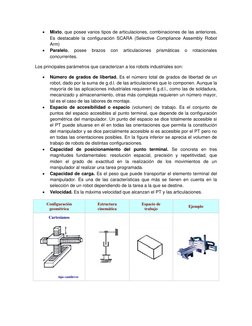  
Mixto, que posee varios tipos de articulaciones, combinaciones de las anteriores. 
Es destacable la configuración SCARA (S