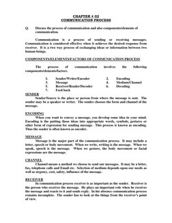 CHAPTER # 02 
COMMUNICATION PROCESS 
 
Q. 
Discuss the process of communication and also components/elements of 
communicatio