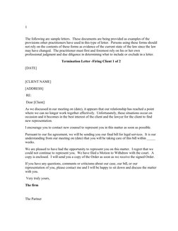 First page of a sample attorney client termination letter with matter and representation details