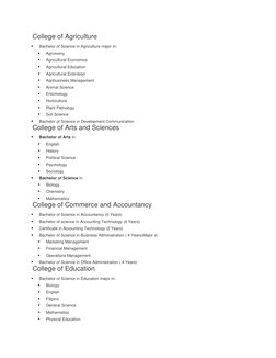 College of Agriculture 
 
Bachelor of Science in Agriculture major in: 
 
Agronomy 
 
Agricultural Economics 
 
Agricultu
