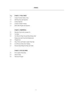 i
 
INDEX 
 
 
 
Page 
PART 1: VOLUMES 
1.1 
Volume Formula, Strokes, Time 
1.2 
Drill Pipe Sizes and Capacities 
1.3 
Casi