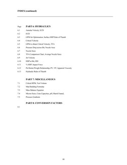 iii
INDEX (continued) 
 
 
 
Page 
PART 6: HYDRAULICS 
6.1 
Annular Velocity, ECD 
6.2 
ECD 
6.3 
GPM for Optimisation, Sur