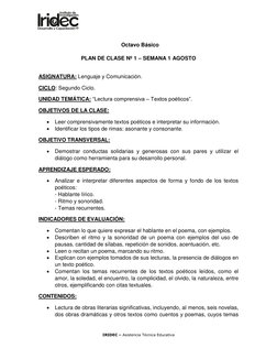 IRIDEC – Asistencia Técnica Educativa 
 
  Octavo Básico 
 
PLAN DE CLASE Nº 1 – SEMANA 1 AGOSTO 
 
ASIGNATURA: Lenguaje y