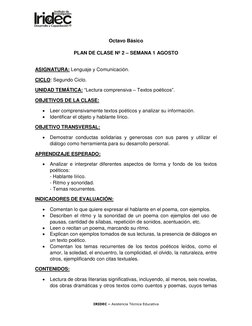 IRIDEC – Asistencia Técnica Educativa 
 
Octavo Básico 
 
PLAN DE CLASE Nº 2 – SEMANA 1 AGOSTO 
 
ASIGNATURA: Lenguaje y Co