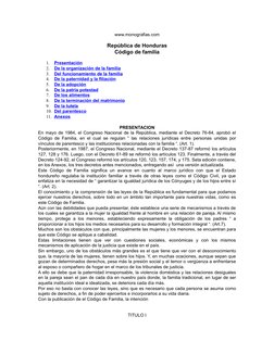 www.monografias.com
República de Honduras
Código de familia
1.
Presentación
 
 
2.
De la organización de la familia
 
 
3.
De