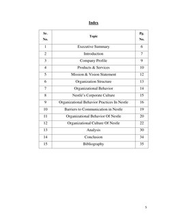 5 
 
Index 
Sr. 
No. 
Topic 
Pg. 
No. 
1 
Executive Summary 
6 
2 
Introduction 
7 
3 
Company Profile 
9 
4 
Products & Se