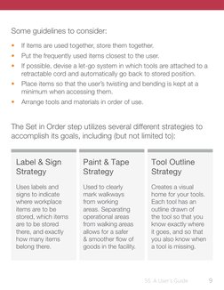 Some guidelines to consider:
The Set in Order step utilizes several different strategies to 
accomplish its goals, including