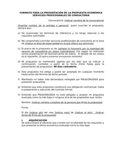 FORMATO PARA LA PRESENTACIÓN DE LA PROPUESTA ECONÓMICA
SERVICIOS PROFESIONALES DE CONSULTORIA
Convocatoria: [indicar nombre d