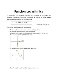 Función Logarítmica 
Es toda función cuya variable se encuentra en el argumento de un logaritmo, por 
ejemplo,la inversa de