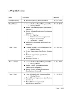 Page 5 of 14 
1.2	  Project	  Deliverables	  
 
 
Phase 
Deliverables 
Due Date 
Initial Structuring 
● Preliminary Proj