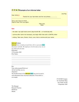 Example of an informal letter
 
 
 
 
 
2nd May
Dear John(,)
 
 
 
Thanks for your last letter and the nice photos...........