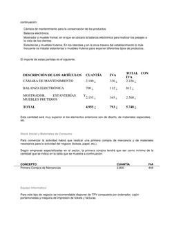 continuación: 
 
Cámara de mantenimiento para la conservación de los productos. 
 
Balanza electrónica. 
 
Mostrador o mue