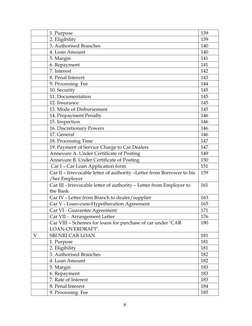 6 
 
 
1. Purpose 
139 
 
2. Eligibility 
139 
 
3. Authorised Branches 
140 
 
4. Loan Amount 
140 
 
5. Margin 
141 
 
6. R