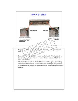 TRACK SYSTEM
Drive Sprocket
Front Idlers
Inspect the sprocket for
worn or cracked teeth.  
Check drive for leaks
and damage.