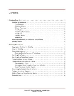 Infor10 ERP Business (SyteLine) DataMap Guide 
Copyright © 2011 Infor 
Contents 
DataMap Overview. . . . . . . . . . . . . .