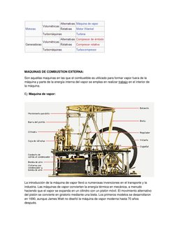 MAQUINAS DE COMBUSTION EXTERNA: 
Son aquellas maquinas en las que el combustible es utilizado para formar vapor fuera d