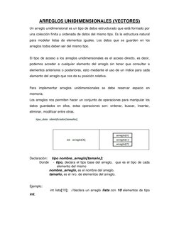 ARREGLOS UNIDIMENSIONALES (VECTORES)
Un arreglo unidimensional es un tipo de datos estructurado que está formado por
una cole