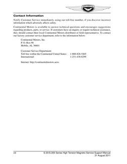 viii
S-20/S-200 Series High Tension Magneto Service Support Manual
31 August 2011
Contact Information
Notify Customer Service