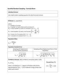 Stratified Random Sampling – Formula Sheet 
Individual Stratum 
Use simple random sampling equations for data from each strat