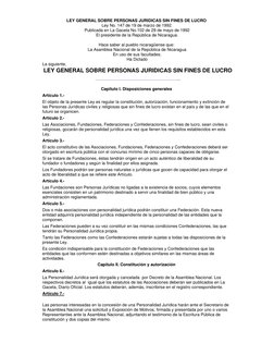 LEY GENERAL SOBRE PERSONAS JURIDICAS SIN FINES DE LUCRO 
 Ley No. 147 de 19 de marzo de 1992. 
 Publicada en La Gaceta No.102