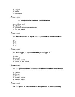 b. eighth 
c. tenth 
d. eleventh 
 
Answer: d. 
 
11. Symptom of Turner’s syndrome are 
 
a. webbed neck 
b. sterility 
c. po