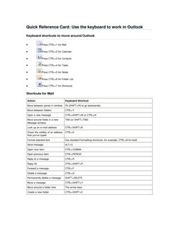 Quick Reference Card: Use the keyboard to work in Outlook 
  
 
   
Keyboard shortcuts to move around Outlook 
• 
Press CTRL+