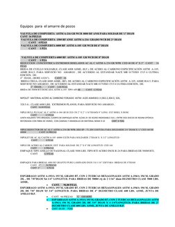 Equipos  para  el amarre de pozos 
VALVULA DE COMPUERTA  ASTM A-216 GR WCB  800# RF ANSI PARA SOLDAR DE ½” DIAM 
CANT  16 P