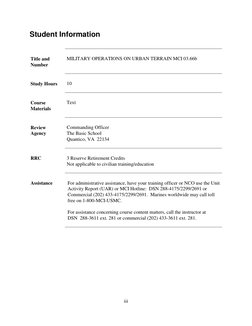 Student Information
Title and
Number
MILITARY OPERATIONS ON URBAN TERRAIN MCI 03.66b 
Study Hours
10
Course
Materials
Text
Re