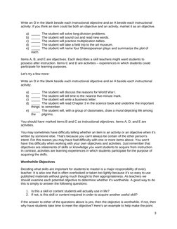 Write an O in the blank beside each instructional objective and an A beside each instructional 
activity. If you think an ite