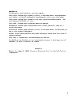 Answer Key:
Item 1 meets the ABCD criteria for a well written objective.
Item 2 fails to meet the ABCD criteria due to use of