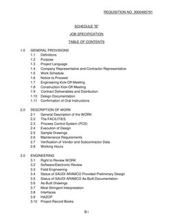 REQUISITION NO. 3000495791  
 
B-i 
 
 
SCHEDULE "B" 
 
JOB SPECIFICATION 
 
TABLE OF CONTENTS 
 
1.0 
GENERAL PROVISIONS 
1.