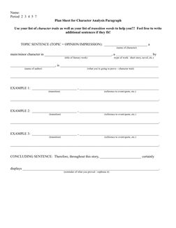Name:
Period  2  3  4  5  7
Plan Sheet for Character Analysis Paragraph
Use your list of character traits as well as your lis