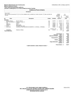 Maestría Administración de la Construcción:
Materia: Análisis de Costos.
Tarea: Costo de insumos para castillo de
concreto f´