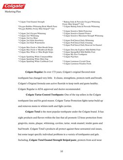 Marketing Plan 
 
 
10 
* Colgate Total Enamel Strength 
 
*Oxygen Bubbles Whitening Brisk Mint® Paste 
*Oxygen Bubbles F
