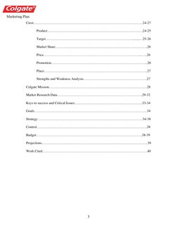 Marketing Plan  
3 
Crest……………………………………………………………………………..……24-27 
 
Product………………………………………………………………………..24-25 
 
Target……………