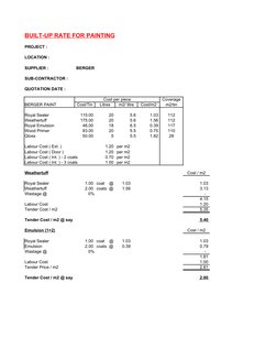 BUILT-UP RATE FOR PAINTING
PROJECT :
   
LOCATION :
   
SUPPLIER :
 BERGER 
SUB-CONTRACTOR :
QUOTATION DATE :
   
Cost per pi