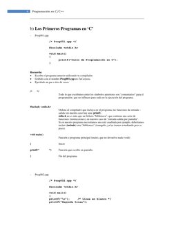 6 
Programación en C/C++ 
 
b) Los Primeros Programas en ‘C’ 
 
- 
Prog001.cpp 
 
/* Prog001.cpp */ 
 
#include <stdio.h>