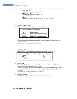 9 
Programación en C/C++ 
float a,b,c; 
printf("\nPrimer sumando: "); 
scanf("%f",&a); 
printf("\nSegundo sumando: "); 
sca