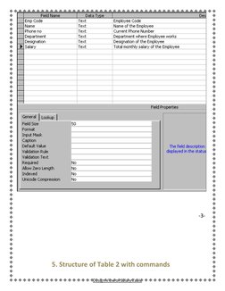  
 
-3- 
 
 
 
5. Structure of Table 2 with commands 
 
Design View of Salary Table 
