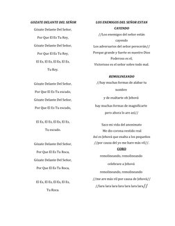 GOZATE DELANTE DEL SEÑOR 
Gózate Delante Del Señor,  
Por Que El Es Tu Rey,  
Gózate Delante Del Señor,  
Por Que El Es Tu Re